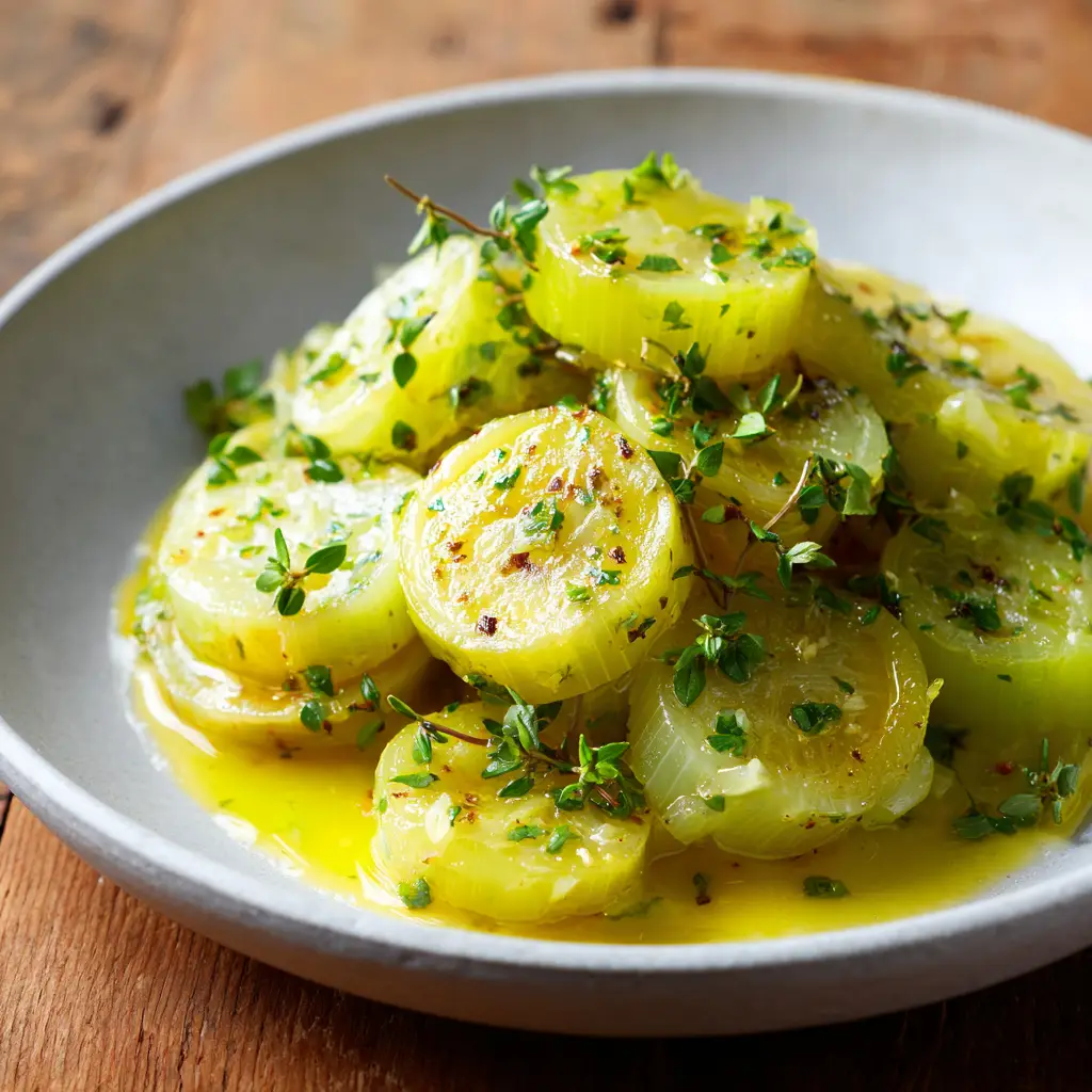 Sauteed Leeks: The Ultimate Guide to Perfectly Caramelized Buttered Leeks 1 A shallow matte white ceramic bowl filled with Sauteed Leeks topped with minced parsley and thyme leaves on a rustic wooden table.