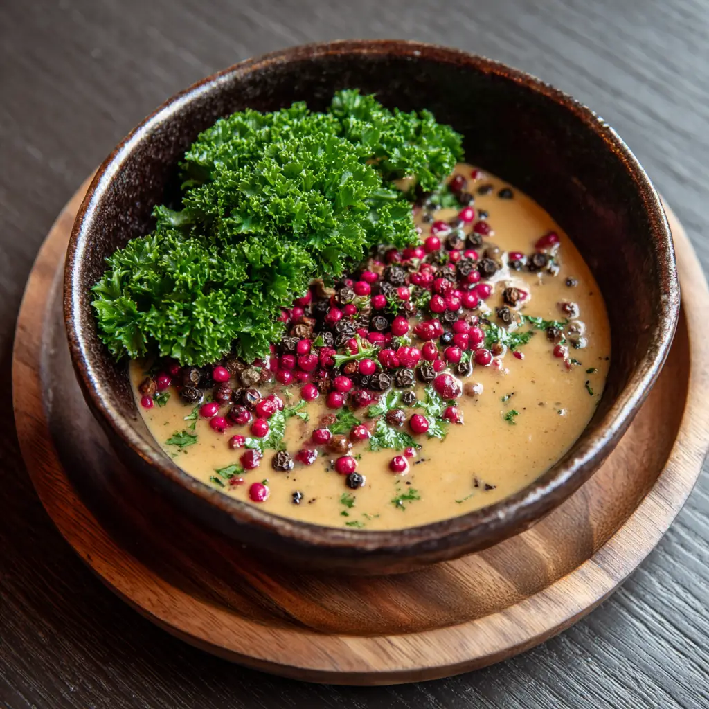 Close-up shot of the semi-glossy surface of a creamy peppercorn sauce, displaying the distinct textures of whole pink peppercorns and fractured black peppercorns with a curly parsley accent.