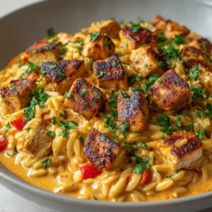 Extreme close-up of glossy orange Alfredo sauce coating orzo with seared chicken cubes. (Cajun Chicken Alfredo Orzo)