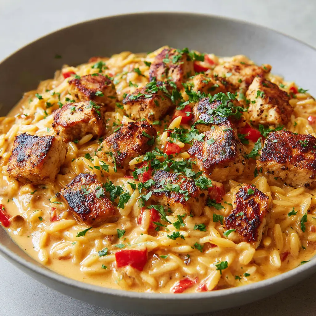 A shallow matte grey bowl filled with Cajun Chicken Alfredo Orzo and a dense sprinkle of parsley.