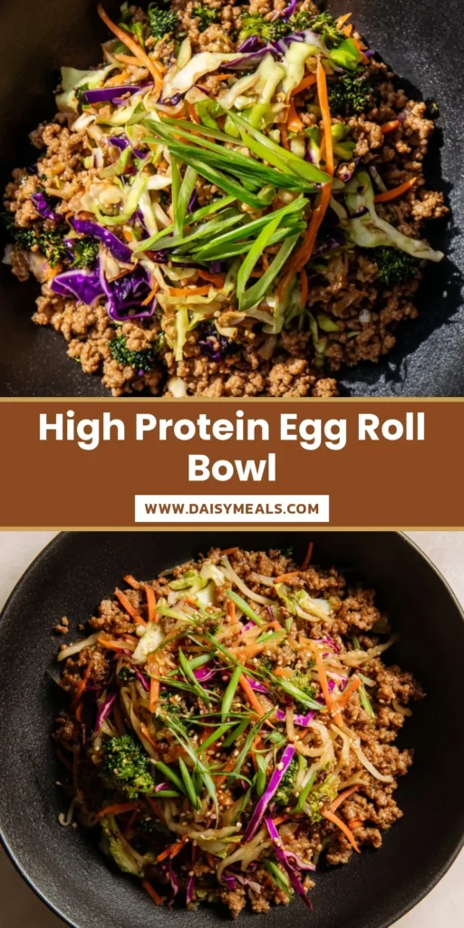 High Protein Egg Roll in a Bowl: The Ultimate 15-Minute Low-Carb Dinner 3 A professional Pinterest pin graphic featuring a top-down photograph of a deconstructed High Protein Egg Roll in a Bowl served in a matte black ceramic bowl with glistening ground pork and fresh green cabbage ribbons.