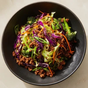 A top-down photograph of a deconstructed High Protein Egg Roll in a Bowl served in a matte black ceramic bowl. The base layer consists of finely crumbled, browned ground pork, glistening with a light soy-based sauce and mixed with green and purple cabbage, orange carrot shreds, small broccoli florets, and diagonally sliced scallions.