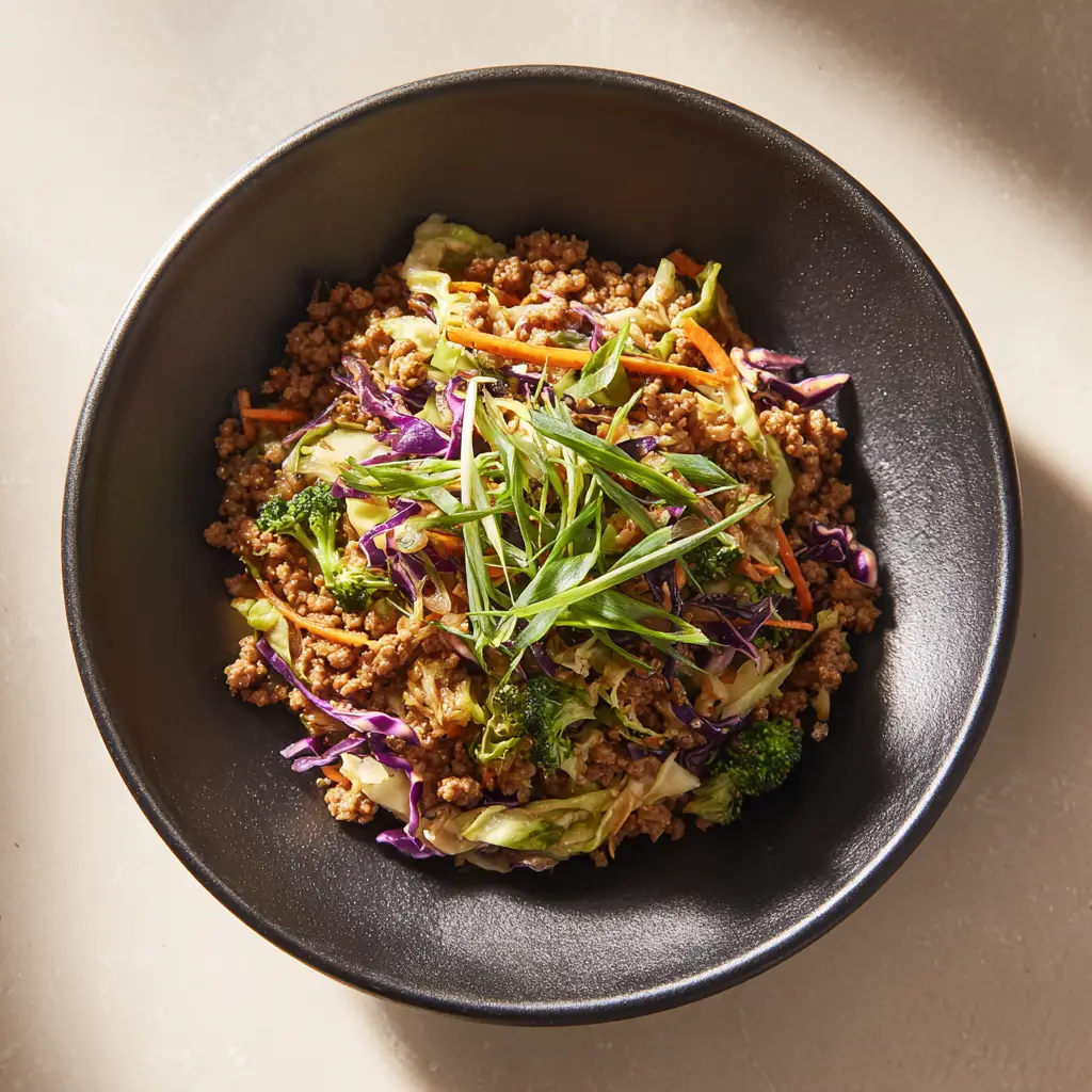 High Protein Egg Roll in a Bowl: The Ultimate 15-Minute Low-Carb Dinner 1 Close-up shot of a High Protein Egg Roll in a Bowl highlighting the glistening, finely crumbled ground pork and crisp, thinly sliced purple and green cabbage mixed with small dark green broccoli florets.