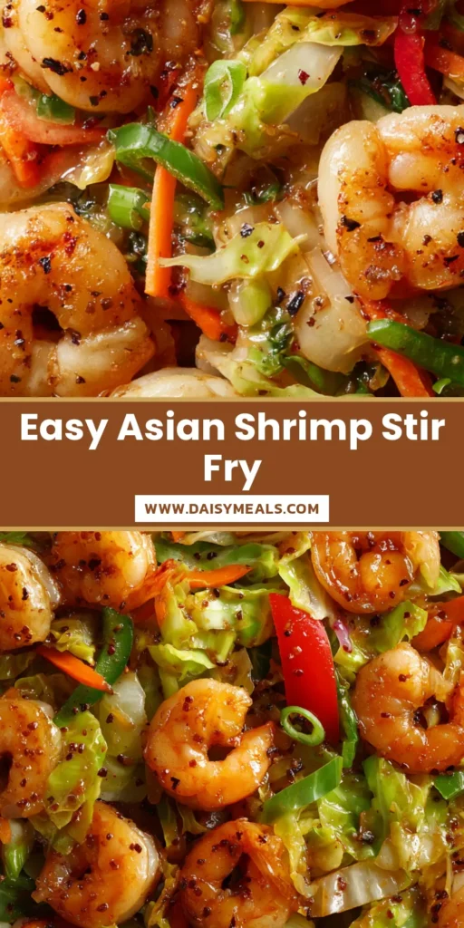 Shrimp and Cabbage Stir Fry with a Glossy Amber Garlic Sauce 4 Top-down view of a Shrimp and Cabbage Stir Fry with plump seared shrimp, vibrant julienned carrots, and red and green peppers in a thick amber sauce.