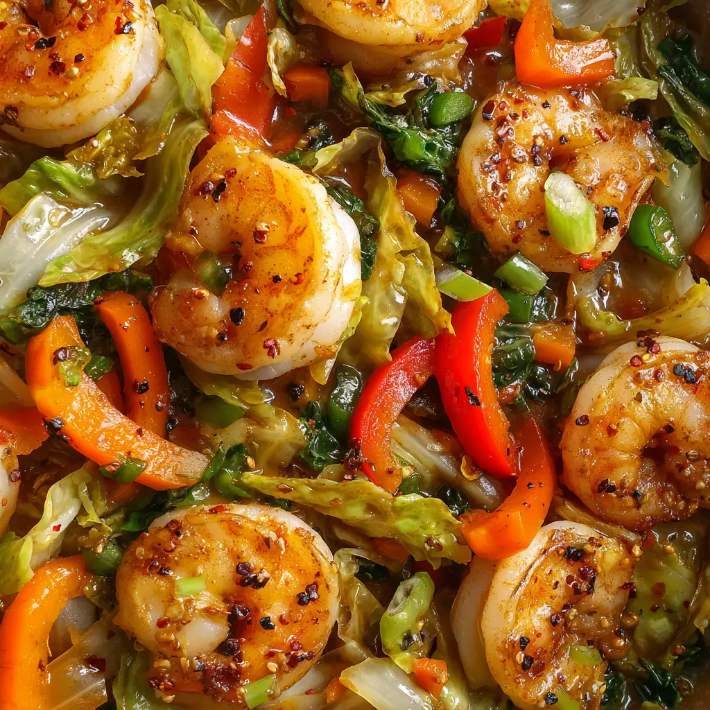 Shrimp and Cabbage Stir Fry with a Glossy Amber Garlic Sauce 2 Extreme close-up of seared pink and white shrimp mixed with wilted translucent green cabbage and matchstick red peppers. (Shrimp and Cabbage Stir Fry)