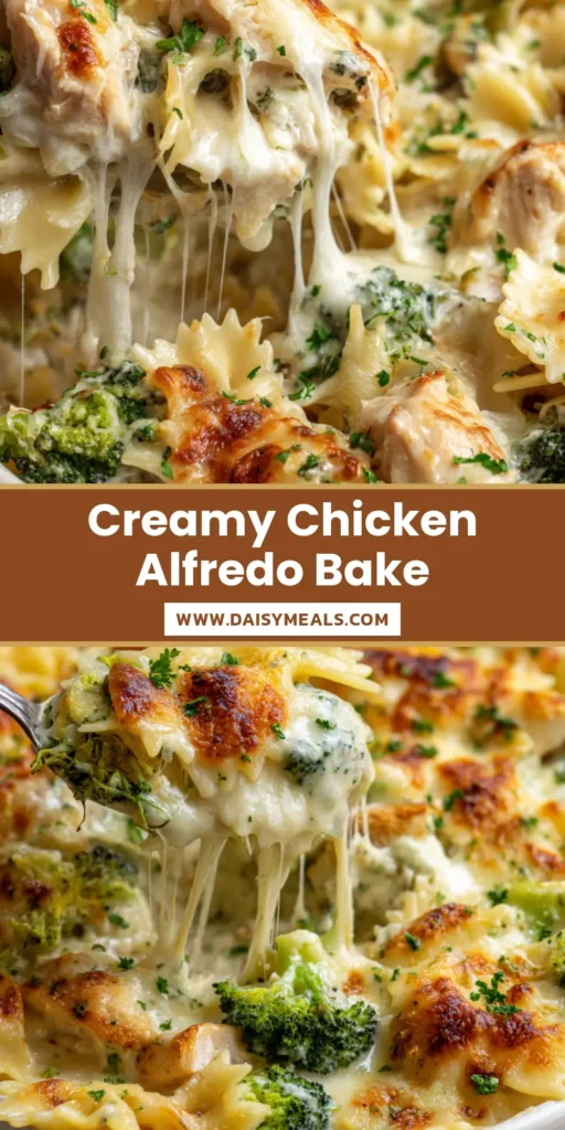 A large metal spoon lifting a serving of Chicken and Broccoli Alfredo Bake from a white dish with a dramatic mozzarella cheese pull.