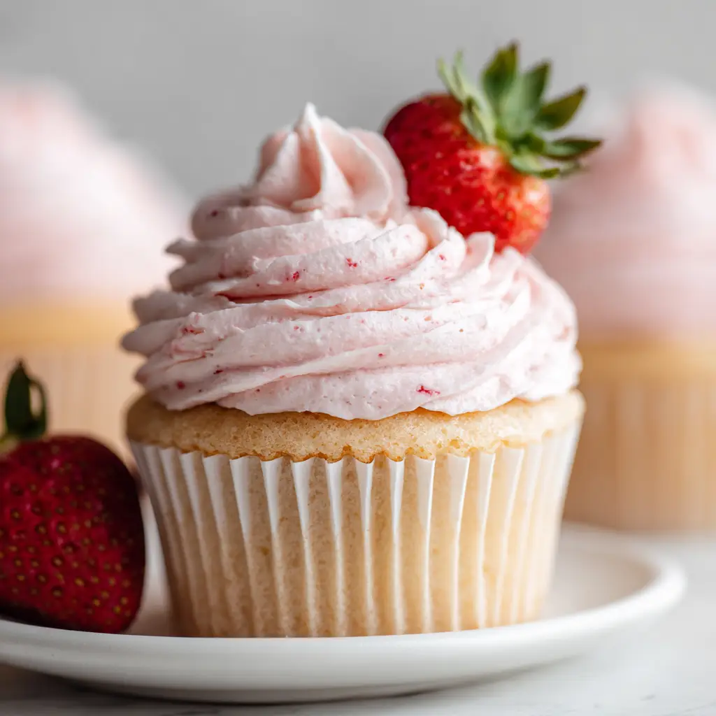 Handheld smartphone photo of a vanilla cupcake with Strawberry Marshmallow Frosting on a white ceramic plate.