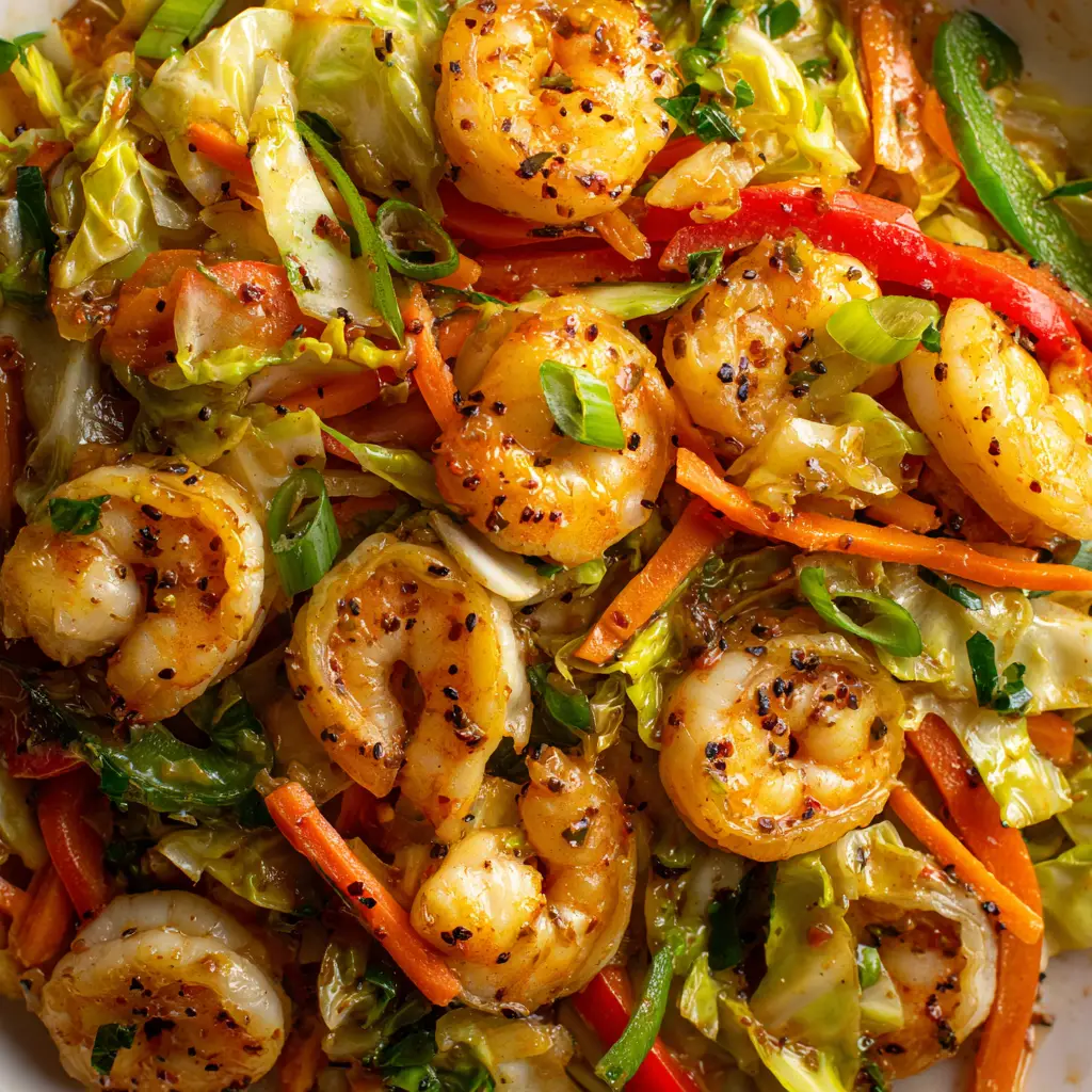 Shrimp and Cabbage Stir Fry with a Glossy Amber Garlic Sauce 1 Glistening amber soy-based sauce coating plump shrimp and wilted cabbage with visible garlic flecks.