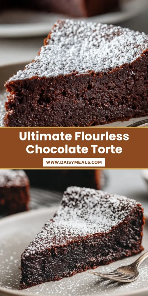 A rustic Pin graphic showing a dense slice of Flourless Chocolate Torte dusted with powdered sugar on an off-white plate.