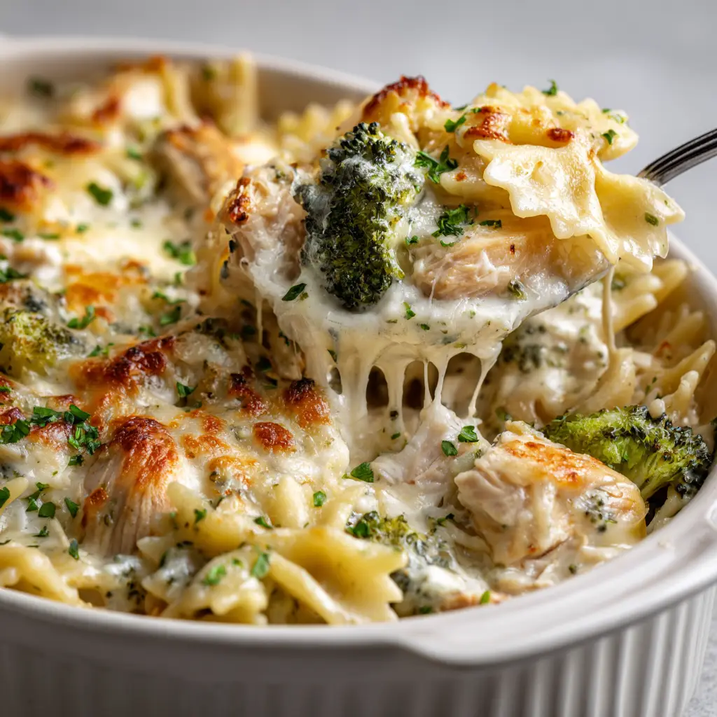 A handheld smartphone style photo of a Chicken and Broccoli Alfredo Bake in a white ceramic dish, showcasing melted mozzarella and parsley.