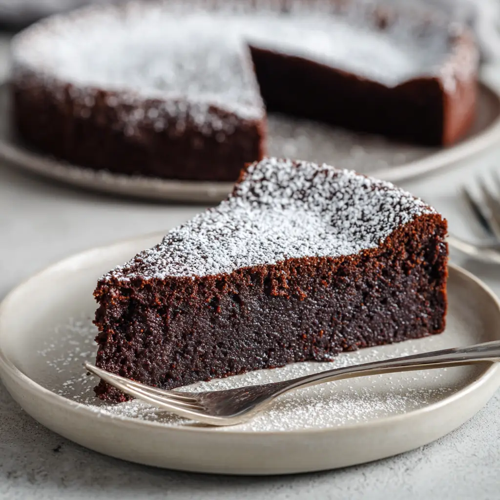 A close-up handheld smartphone photo of a single dense dark chocolate Flourless Chocolate Torte slice sitting on a matte off-white ceramic plate with a silver dessert fork.
