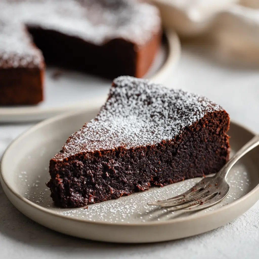 A single slice of Flourless Chocolate Torte with a rustic cracked top surface generously dusted with fine white powdered sugar in soft daylight.