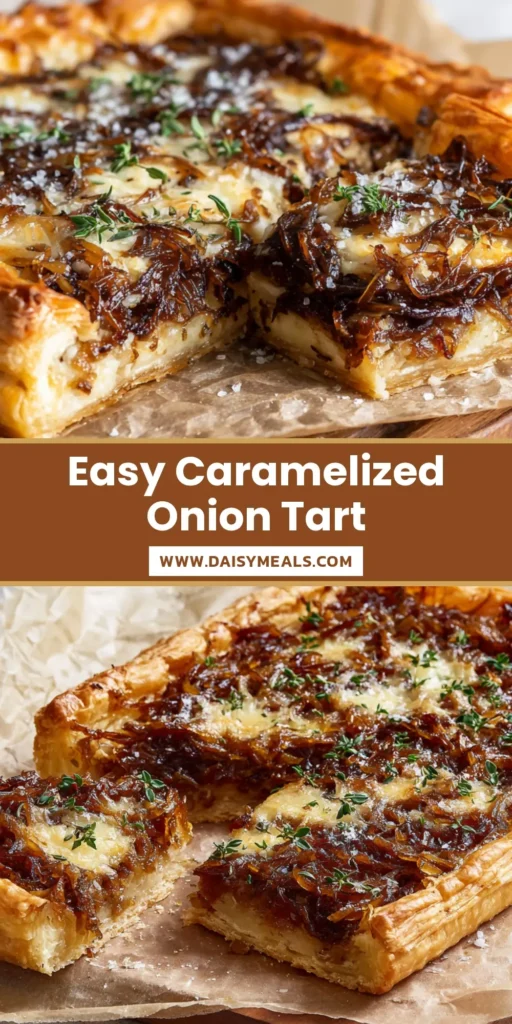A rectangular Caramelized Onion Tart with one slice removed, featuring golden-brown puff pastry and melted Gruyère cheese on a wooden board.