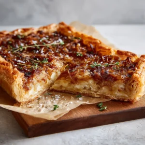 Close-up of a Caramelized Onion Tart showing the jammy onion layers and bubbly white cheese topping.
