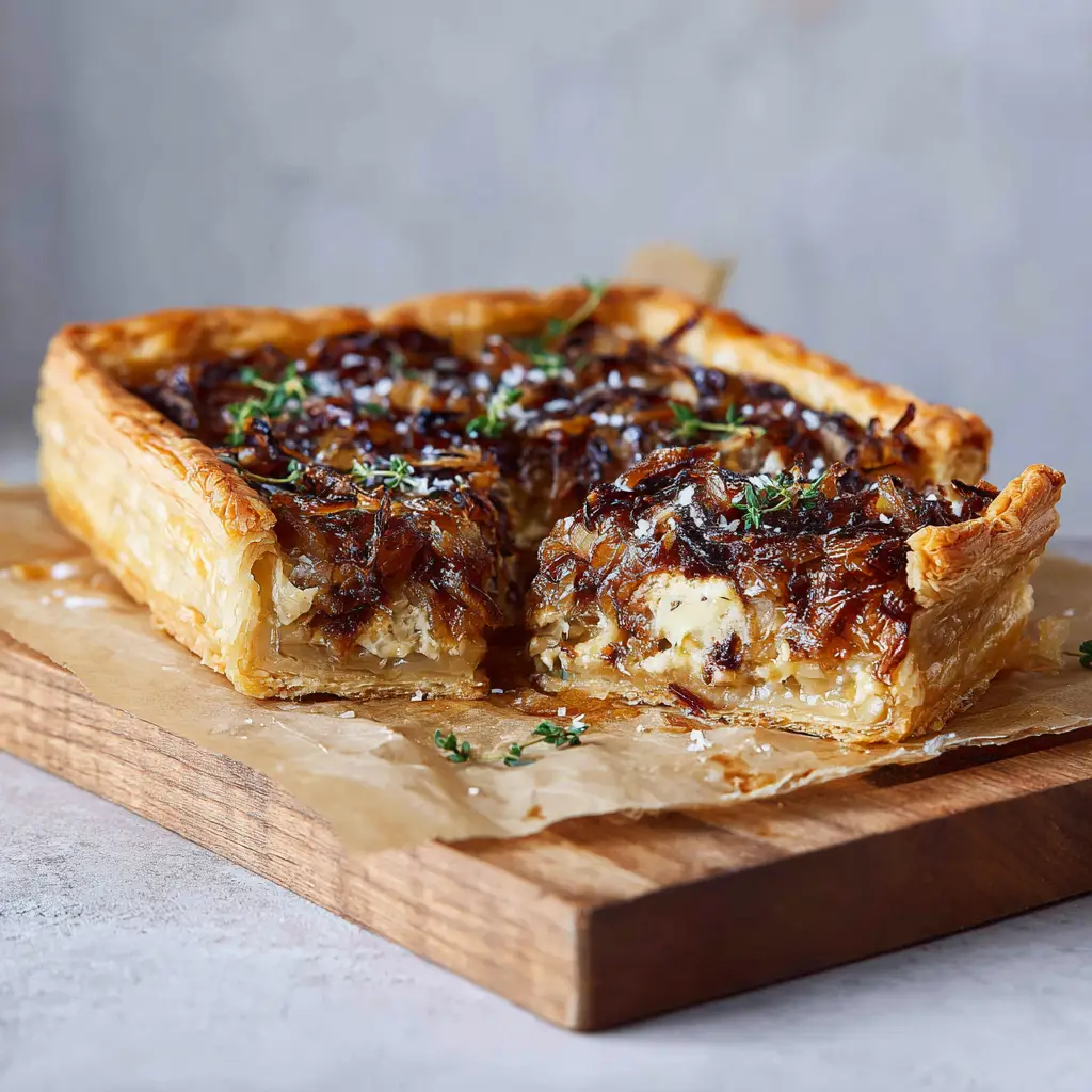 A whole Caramelized Onion Tart on crinkled parchment paper, highlighting the flaky, risen puff pastry border.