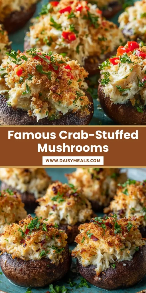 A rustic teal plate filled with roasted Crab-Stuffed Mushrooms, featuring golden panko topping and diced red peppers.