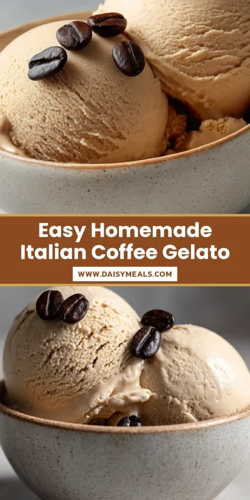 Two smooth scoops of light brown Italian Coffee Gelato in a rustic bowl garnished with whole coffee beans.