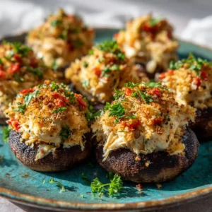 Close-up of golden-brown toasted breadcrumbs on Crab-Stuffed Mushrooms with red pepper garnish.