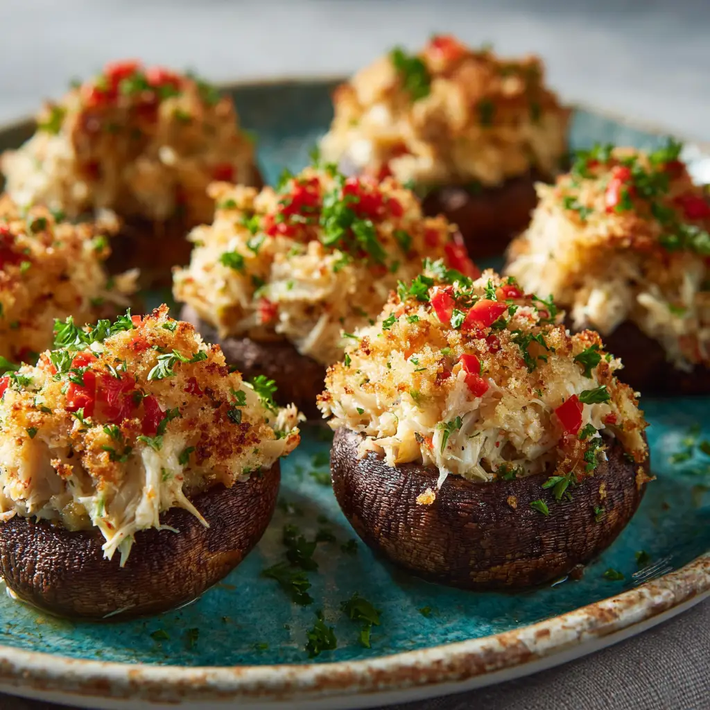High-angle shot of several roasted cremini mushrooms stuffed with white crab meat on a ceramic dish.