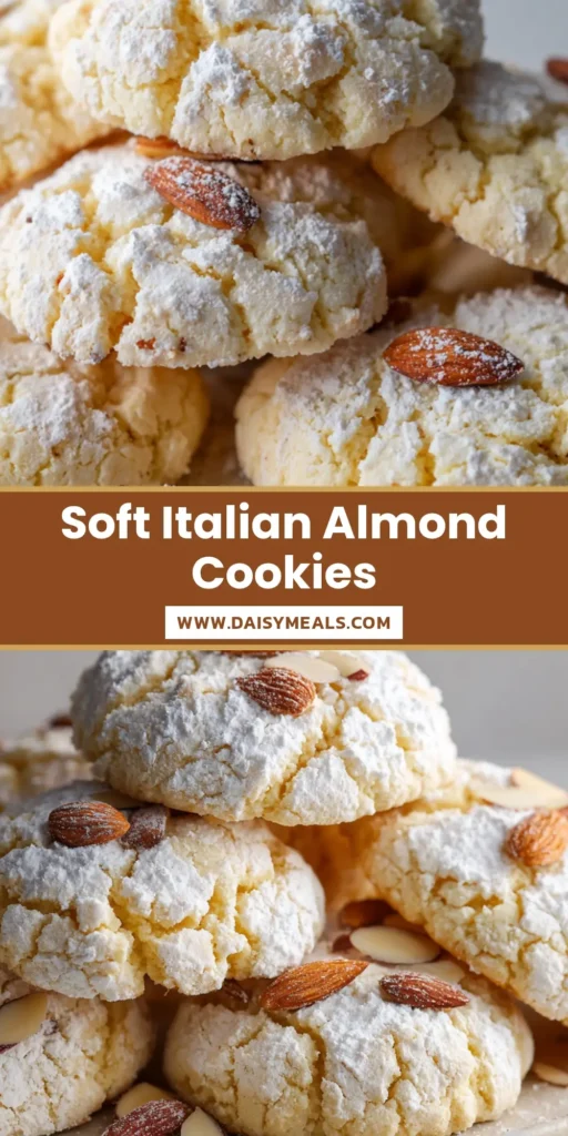 Almond Ricotta Cookies: The Ultimate Soft-Baked Italian Recipe with Toasted Almonds 4 A stack of soft-baked Almond Ricotta Cookies on a white plate, heavily dusted with powdered sugar and topped with whole and slivered toasted almonds.