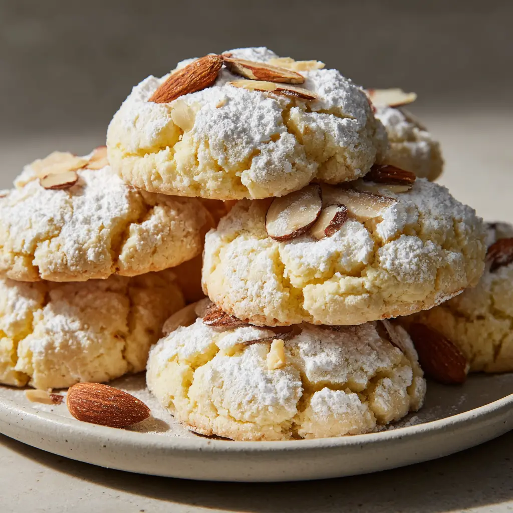 Close-up of pale-yellow Almond Ricotta Cookies showing the cracked surface texture and toasted almond garnishes.