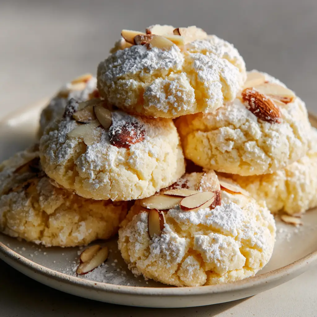 Almond Ricotta Cookies: The Ultimate Soft-Baked Italian Recipe with Toasted Almonds 1 A casual stack of thick ricotta cookies with powdered sugar and almond toppings shot in natural light.