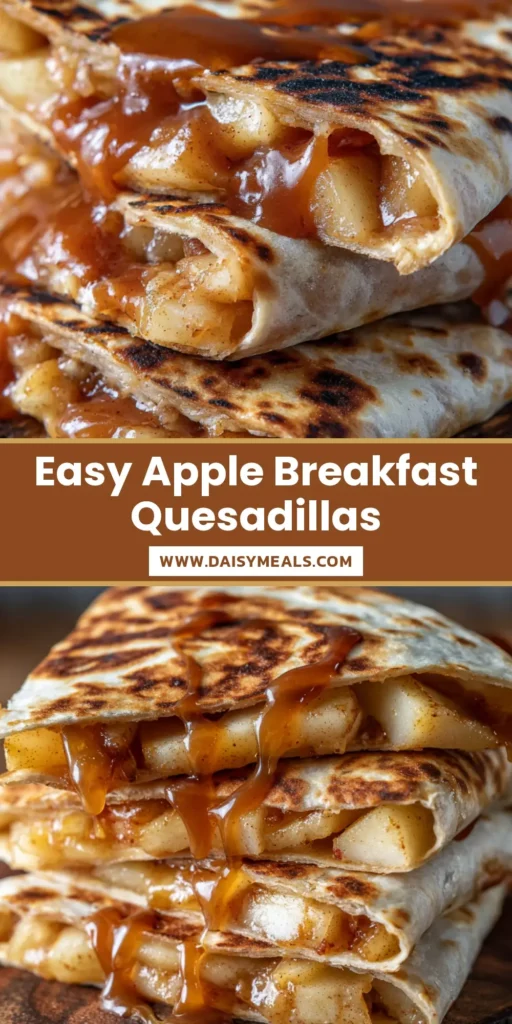 A stack of three Apple Cinnamon Breakfast Quesadillas cut into wedges, featuring golden-brown charred tortillas and a thick caramel drizzle on a rustic wood board.