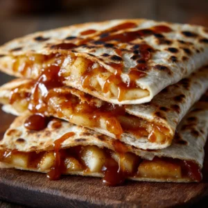 Close-up of golden brown Apple Cinnamon Breakfast Quesadillas showing visible apple chunks and glossy cinnamon sauce filling.