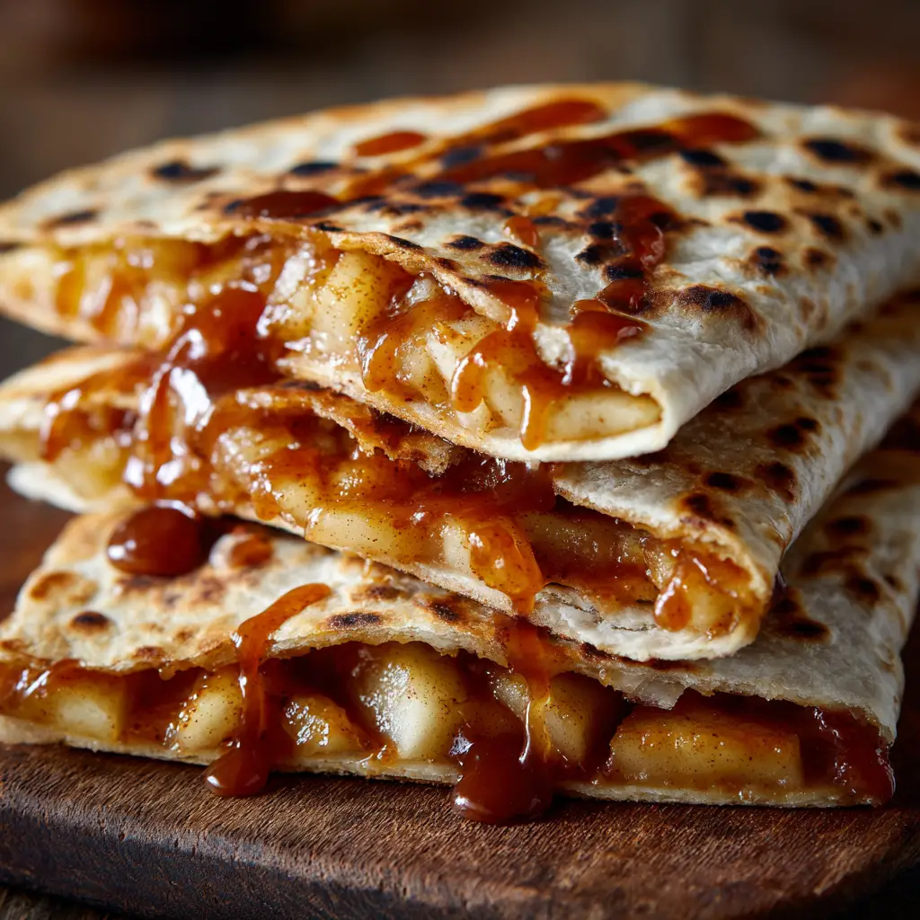Close-up of golden brown Apple Cinnamon Breakfast Quesadillas showing visible apple chunks and glossy cinnamon sauce filling.