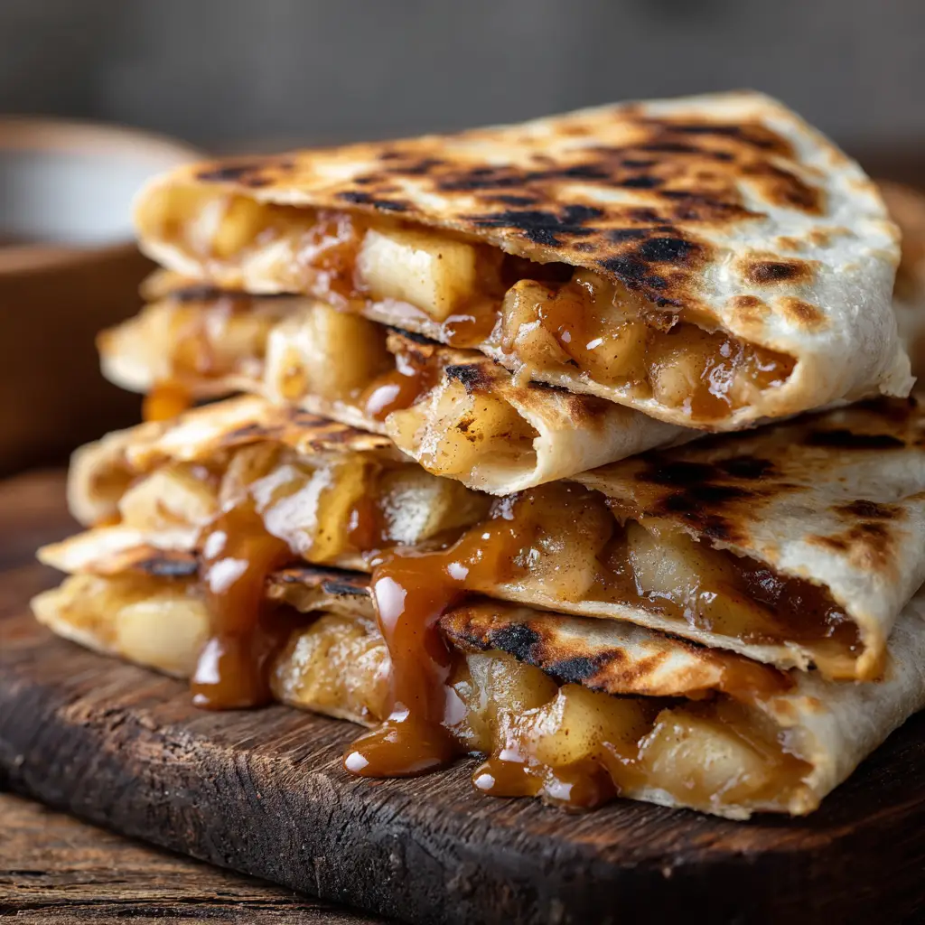 A stack of pan-fried dessert quesadillas on a rustic wooden table, drizzled with amber caramel sauce in soft natural light.
