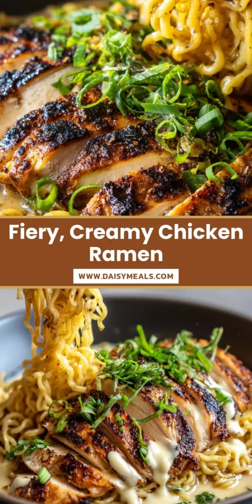 A black matte bowl of Fiery Chicken Ramen with wavy yellow noodles, creamy beige garlic sauce, and charred chicken breast slices lifted by black chopsticks.