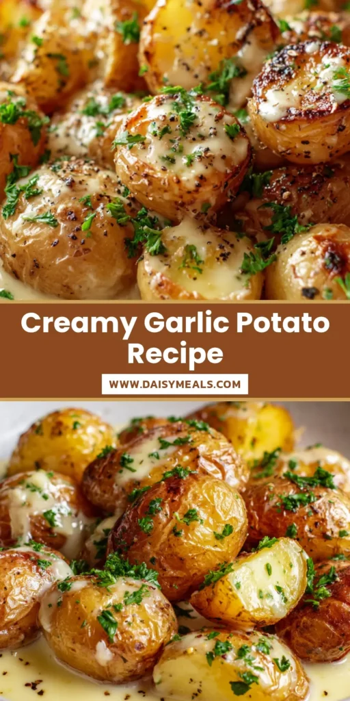 Creamy Garlic Baby Potatoes: The Ultimate Golden Roasted Side Dish with Garlic Cream Sauce 5 A shallow ceramic bowl filled with golden roasted Creamy Garlic Baby Potatoes coated in a thick, pale-yellow sauce and garnished with parsley.