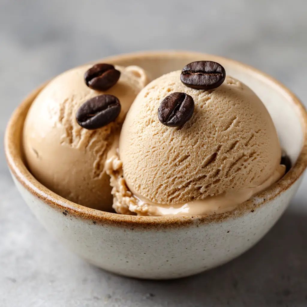 A close-up of creamy Italian Coffee Gelato with slight melting at the edges in a ceramic bowl.
