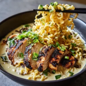 Close-up shot of wavy yellow noodles and sliced pan-seared chicken breast in a black bowl for Fiery Chicken Ramen.