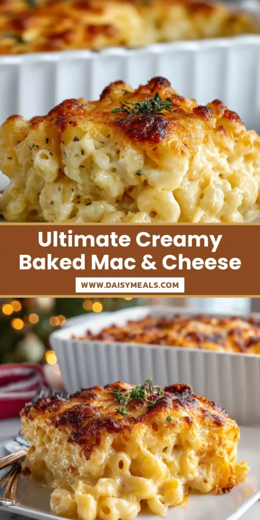 A generous scoop of Baked Mac and Cheese on a square plate showing a crispy golden crust and creamy interior.