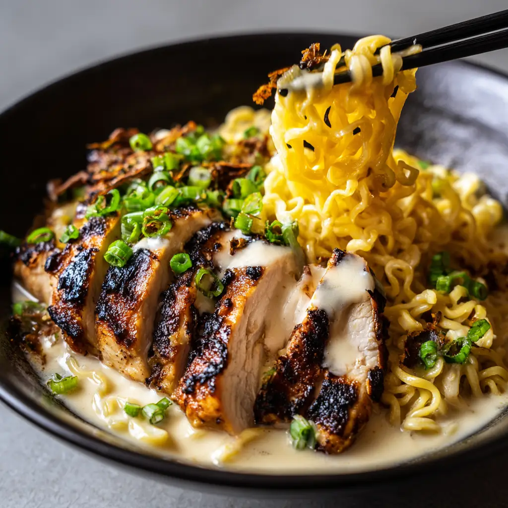 Eye-level view of Fiery Chicken Ramen garnished with bright green scallions and creamy beige sauce.