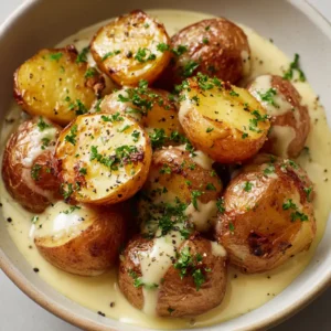 Close-up of glistening roasted baby potatoes halved with skins on, nestled in a thick garlic cream sauce. (Creamy Garlic Baby Potatoes)
