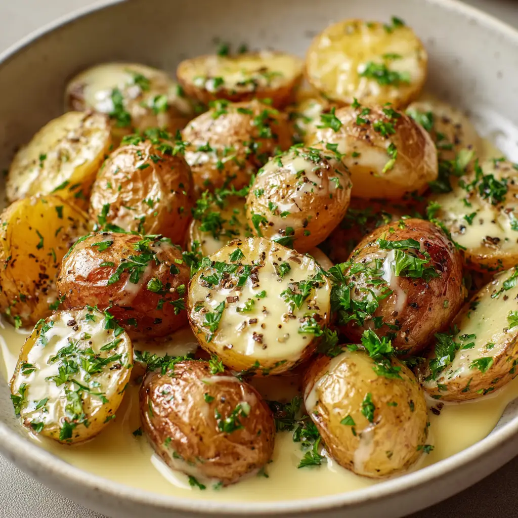 Creamy Garlic Baby Potatoes: The Ultimate Golden Roasted Side Dish with Garlic Cream Sauce 1 A smartphone-style photo of Creamy Garlic Baby Potatoes in an off-white bowl with parsley and coarse black pepper garnish.