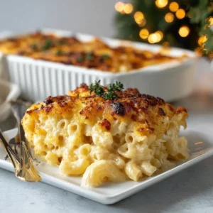 A close-up photo of Baked Mac and Cheese with charred spots on a golden cheese crust and herb garnish.