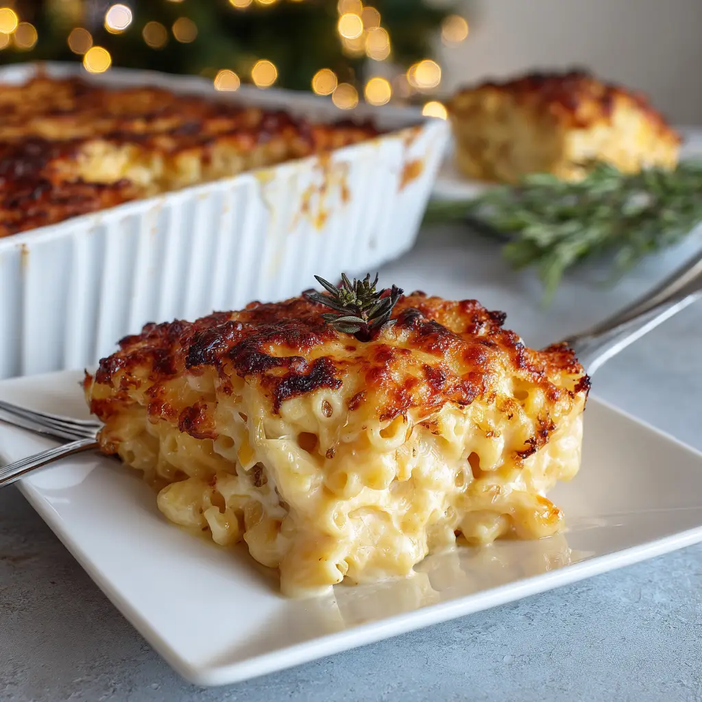A square white plate holding a serving of Baked Mac and Cheese with two forks and a fluted dish in the background.