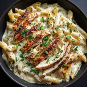 Close-up of Crack Chicken Penne showing the thick creamy sauce and seared chicken marks.