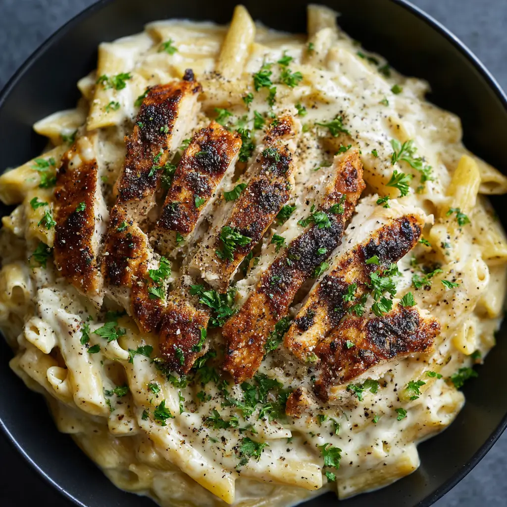 Overhead view of Crack Chicken Penne garnished with parsley and coarse black pepper in a black bowl.