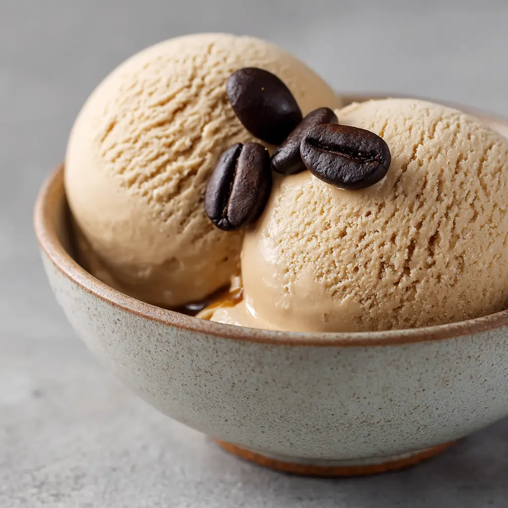 Two perfectly round scoops of light brown coffee gelato garnished with three whole espresso beans.