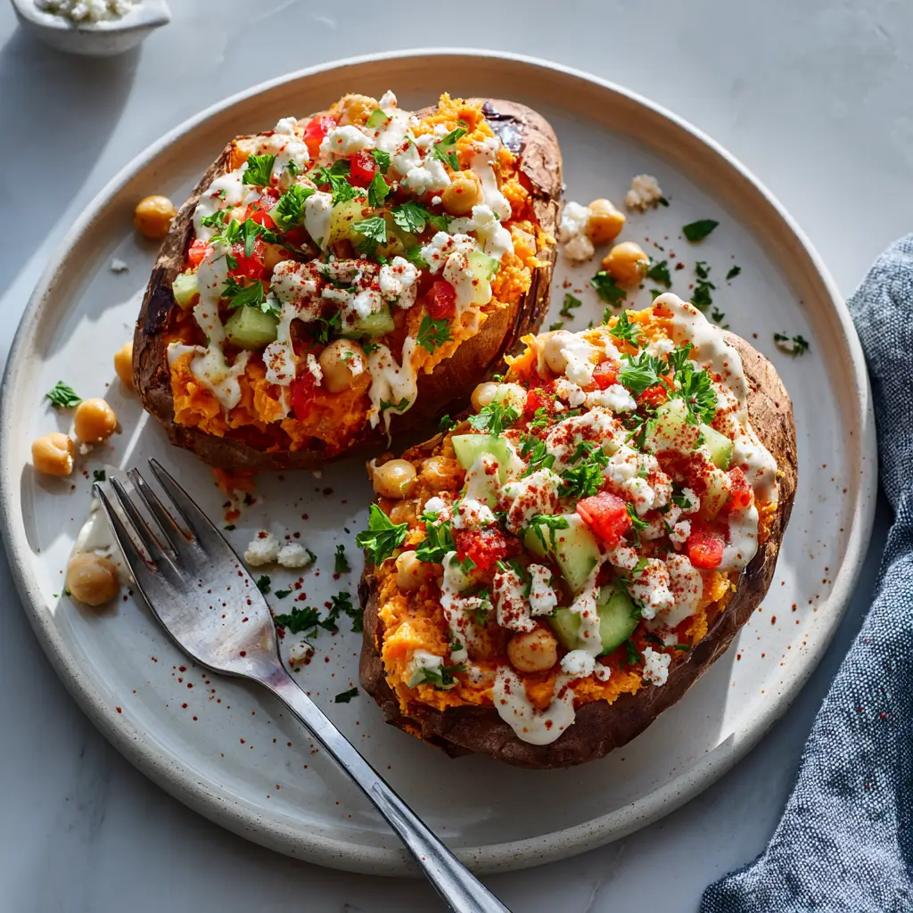 Finished Mediterranean Stuffed Sweet Potatoes garnished with parsley and paprika on a ceramic plate.