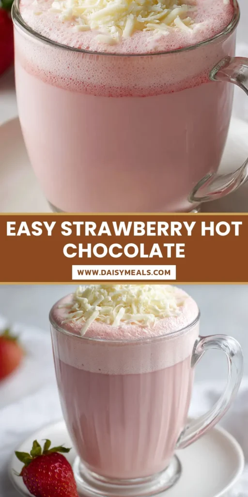 A handheld smartphone photo of a clear glass mug filled with creamy pastel pink Strawberry Hot Chocolate, topped with pink foam and a mound of white chocolate shavings.