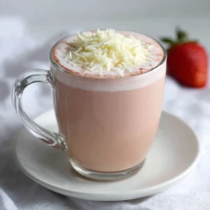 A clear glass mug on a white saucer containing smooth, opaque pink Strawberry Hot Chocolate with thick white chocolate shavings on a layer of foam.