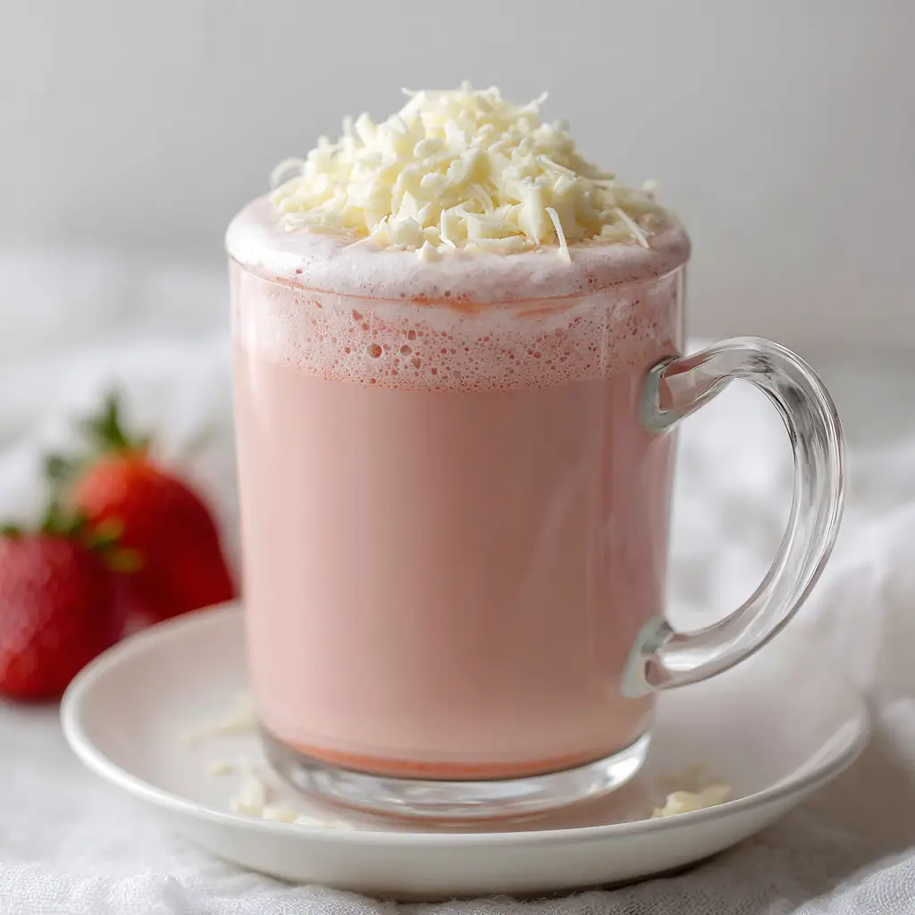 Close-up of a clear mug with Strawberry Hot Chocolate, highlighting the light pink foam and coarse white chocolate shavings in natural daylight.