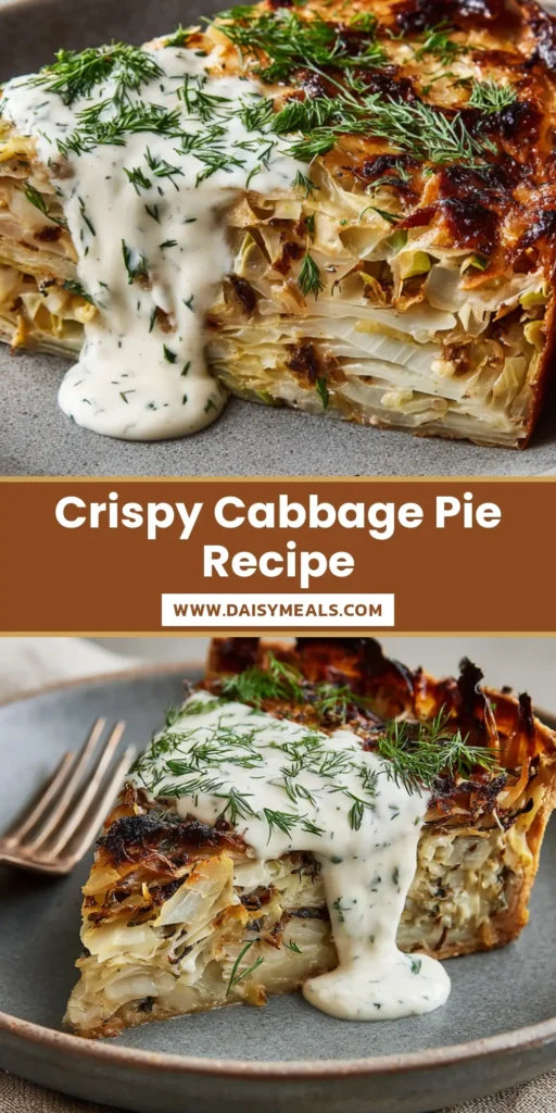 A single slice of Crispy Cabbage Pie with a dollop of creamy dill sauce on a rustic plate.