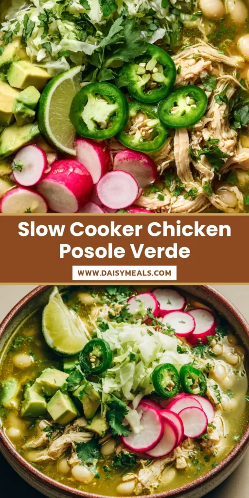 A rustic bowl of Slow Cooker Chicken Posole Verde with shredded cabbage, pink radishes, and sliced jalapeños in a vibrant green broth.