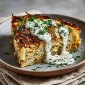 Close up view of the dense layers of charred cabbage and onions in a Crispy Cabbage Pie.